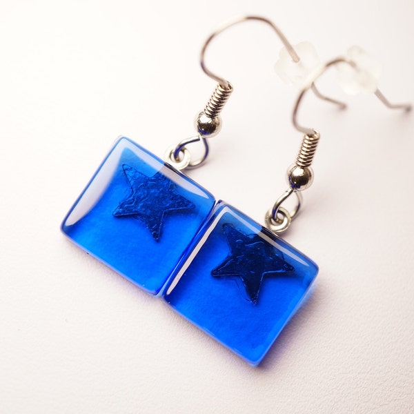 Fused glass earrings | Transparent blue and star