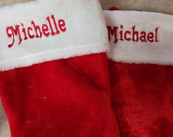 Christmas Stocking personalized Embroidered with name Plush Red or Green. Holiday Decor