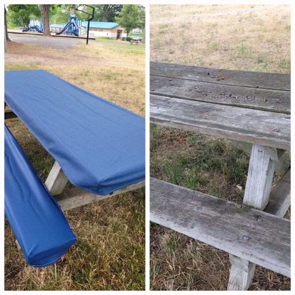 Fitted picnic table cloth cover and bench covers. Perfect for RV. Made from premium vinyl. 6 foot and 8 foot available