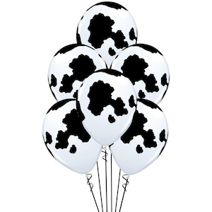 Set da 12 palloncini in lattice bianco e nero con stampa mucca da 11" Set per feste di compleanno CON 1 rotolo di nastro arricciato NUOVO - Fornisci l'aria