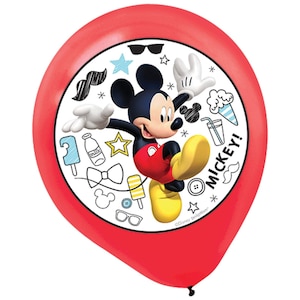 May include: Red balloon with a white circle featuring Mickey Mouse in a red and yellow outfit. The circle is filled with black and white doodles including a mustache, sunglasses, stars, a bow tie, a milk bottle, and the words "MICKEY!"
