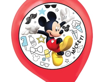 Balony lateksowe Myszka Miki w podróży w kolorze czerwonym, białym i czarnym, owalne, 12 cali, opakowanie 5 sztuk, z falowaną wstążką, NOWOŚĆ! Dostarczasz hel, który unosi się w powietrzu