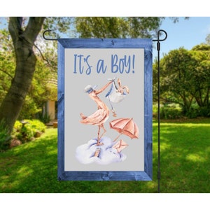 IT&#39;S A BOY Double Sided 12 x 18 inches Garden Flag Blue Design with Stork Bringing a New Bundle Of Joy Baby Boy Arrival NEW Shower Yard Sign