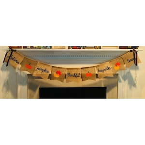 FALL WORDS Burlap Garland Autumn Banner for Fireplace Mantle Decoration or Party Wall Hanging with Brown Satin Ribbons Adjustable Large NEW