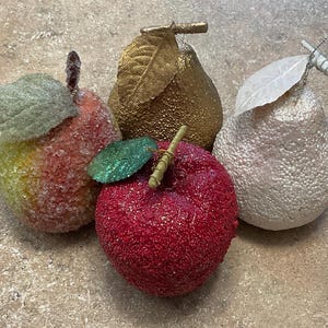 LOT of 4 Pieces Beaded Food Props Vintage Fake Sugar Beaded Fruit Artificial Faux Prop 3 Pears and 1 Apple for Centerpiece Bowl Decoration