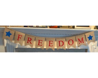 FREEDOM Burlap Garland Banner - Memorial Day Patriotic Mantle Bunting 4th of July Veterans Day Military Homecoming Decoration Decor NEW