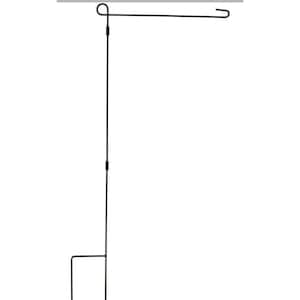 May include: A black metal garden flag stand. The stand features a vertical pole with an adjustable height and a horizontal arm for displaying a flag. The base has a square shape for ground insertion.