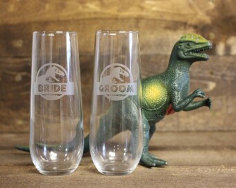 Stemless Jurassic Park bride groom champagne glass - jurassic park wedding glass - dinosaur stemless champagne glass - dinosaur wedding gift