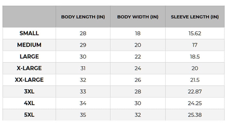 Puede incluir: Tabla de tallas que muestra la longitud del cuerpo, el ancho del cuerpo y la longitud de la manga en pulgadas para las tallas S a 5XL.