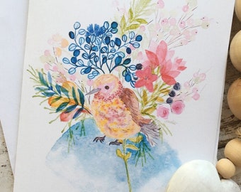 Carte de correspondance + étiquette cadeau assortie Petit oiseau assis sur le toit du monde