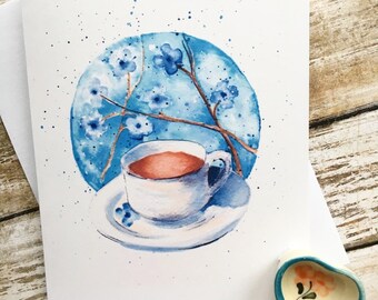 Carte de voeux à l'aquarelle et étiquette-cadeau assortie. Amateurs de café ou de thé Morning Glory