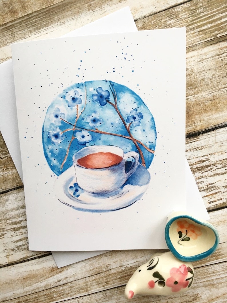 Carte de voeux à l'aquarelle et étiquette-cadeau assortie. Amateurs de café ou de thé Morning Glory image 1