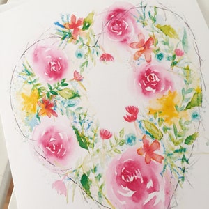 Carte de voeux illustration aquarelle. couronne de fleurs coeur fantaisiste image 1