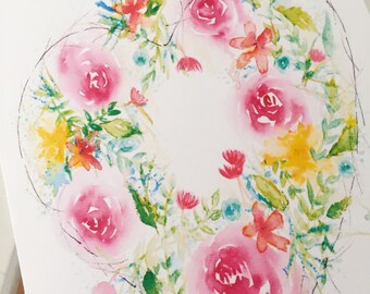 Carte de voeux illustration aquarelle. couronne de fleurs coeur fantaisiste