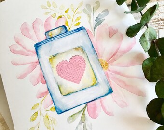 Illustration aquarelle de carte de voeux Fleurs roses et jolie bouteille coeur