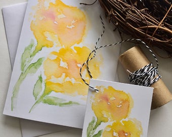Carte de vœux aquarelle illustration de fleurs jaunes douces + étiquette cadeau assortie