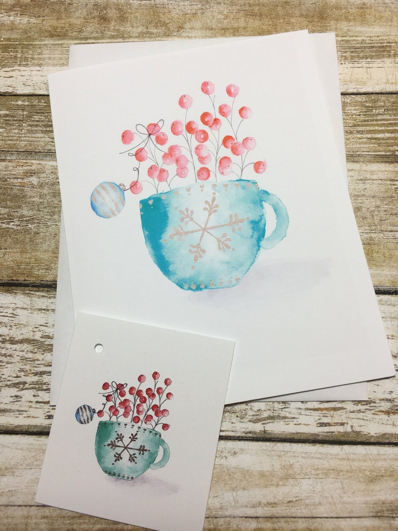Watercolour illustration three greeting cards plus matching gift tag whimsical birddeerholly berries in cup