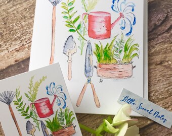 Greeting card and matching gift tag of watercolour illustration for the love gardening plus botanicals