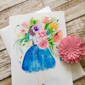 Watercolour  illustration print greeting card  Flower girl in an English garden