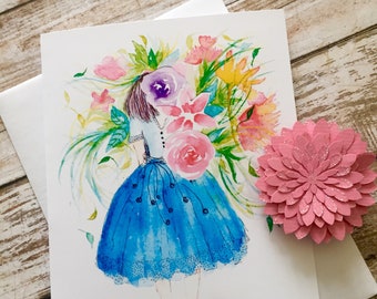 Carte de voeux imprimée illustration aquarelle Demoiselle d'honneur dans un jardin anglais