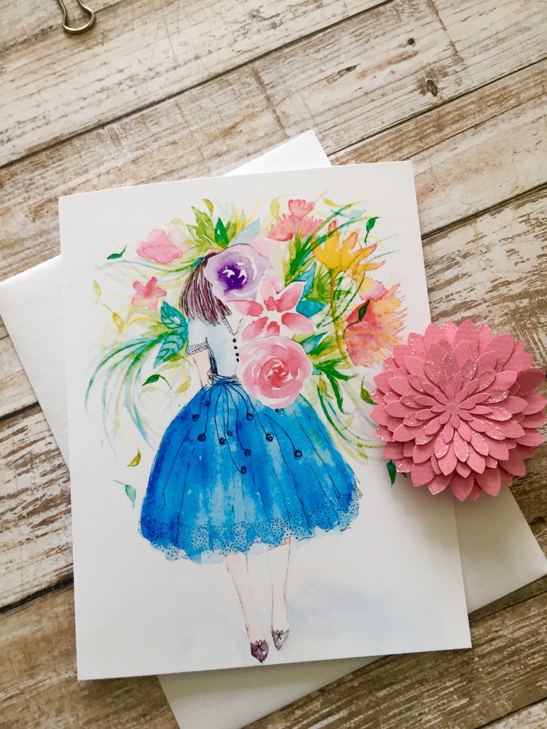 Carte de voeux imprimée illustration aquarelle Demoiselle d'honneur dans un jardin anglais image 1