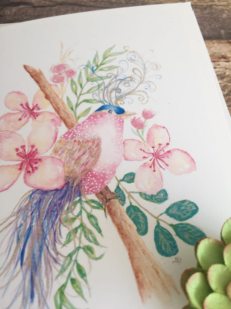 Carte de correspondance + étiquette cadeau représentant un oiseau doux et des fleurs image 2