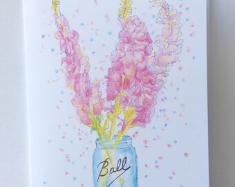 Illustration aquarelle carte de voeux pot Mason/fleurs d'hortensia rose