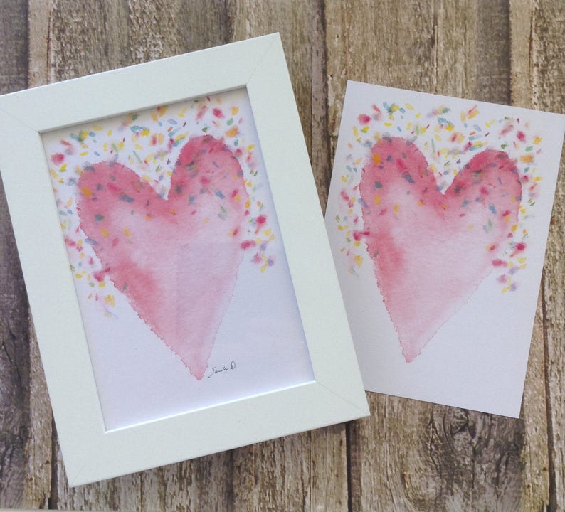 Carte de note aquarelle + étiquette cadeau assortie d'un joli cœur rose et de confettis. image 2