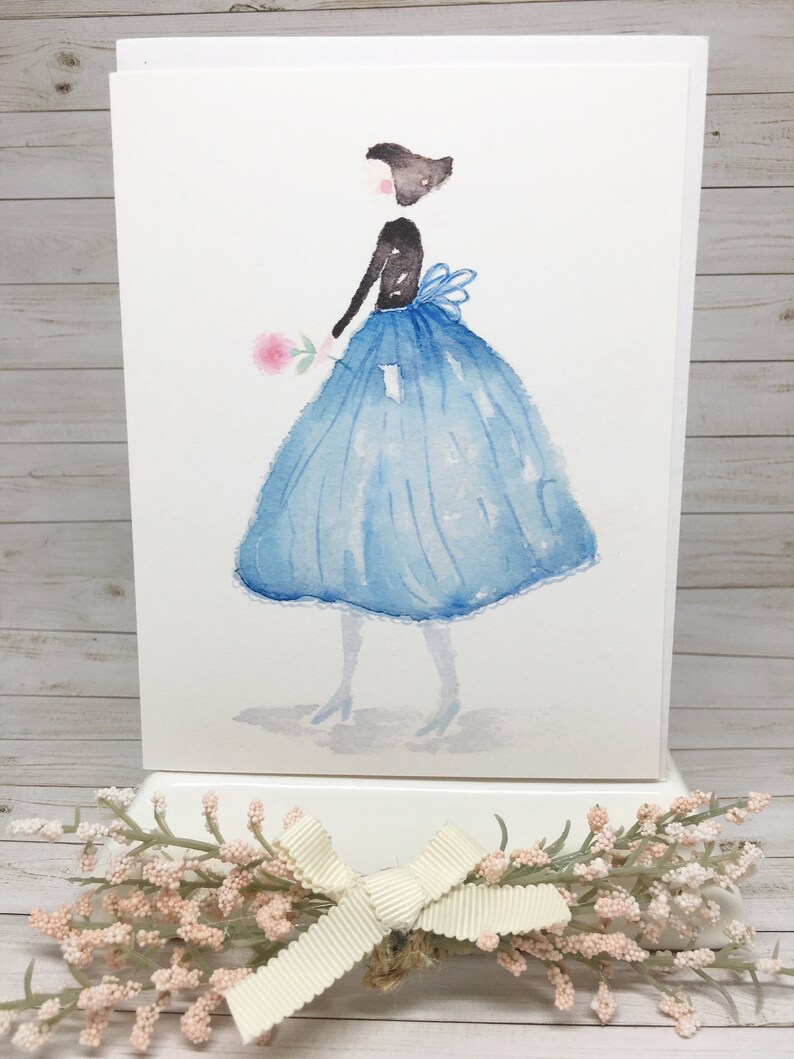 carte de voeux aquarelle Fille lunatique en robe bleue. Idéal pour toutes les occasions image 1