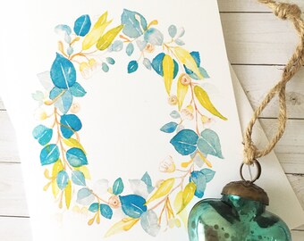 Carte de voeux illustration aquarelle Couronne d'eucalyptus vert pour célébrer une occasion festive