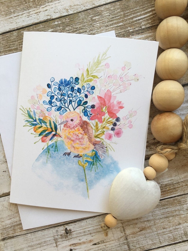 Carte de correspondance + étiquette cadeau assortie Petit oiseau assis sur le toit du monde image 1