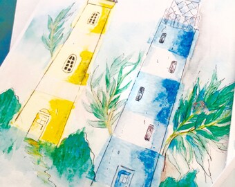 Carte de note aquarelle. Phares de rêve du passé.