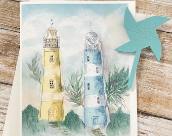 Carte de correspondance aquarelle. Les phares de rêve du passé.