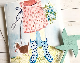 Carte de voeux imprimée illustration aquarelle. Une fillette et son chien profitant d'une journée de printemps