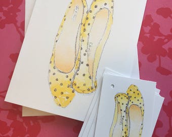 Carte de voeux illustration aquarelle de ballerines jaunes + étiquette cadeau assortie