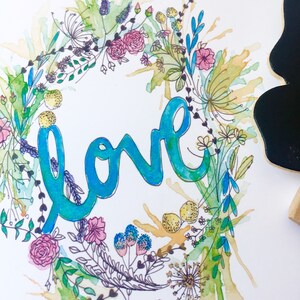 Carte de correspondance aquarelle « LOVE » couronne de fleurs. Idéal pour toutes les occasions image 2