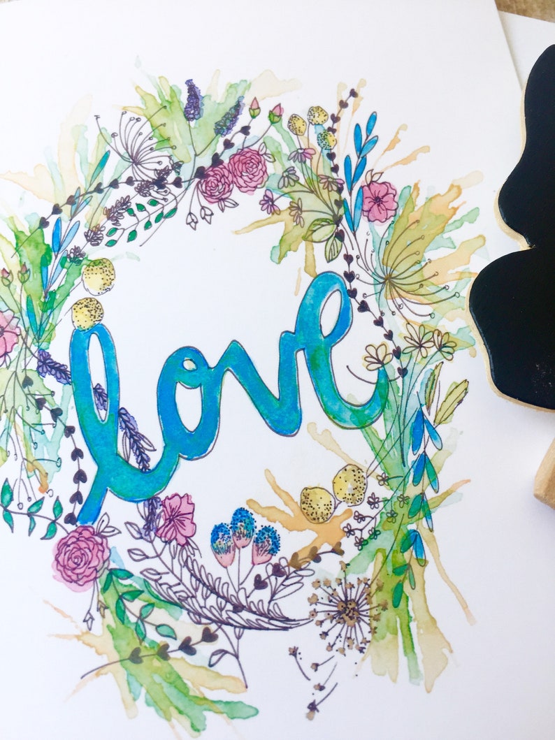 Carte de correspondance aquarelle « LOVE » couronne de fleurs. Idéal pour toutes les occasions image 2
