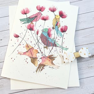 Illustration de carte de voeux de fleurs printanières et d'oiseaux