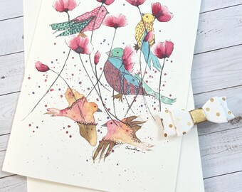 Illustration de carte de voeux de fleurs printanières et d'oiseaux
