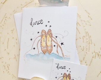 Carte de voeux à l'aquarelle et étiquette-cadeau assortie. Ballerines fantaisie dorées