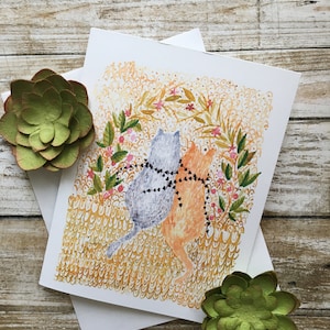 Watercolour illustration greeting card. Two cats in whimsy forest