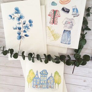 Set of 3 greeting card watercolour print Home Sweet Home/summer wardrobe/eucalyptus branch plus gift tags