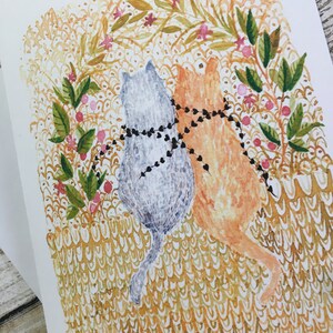 Carte de voeux illustration aquarelle. Deux chats dans une forêt fantaisiste image 2