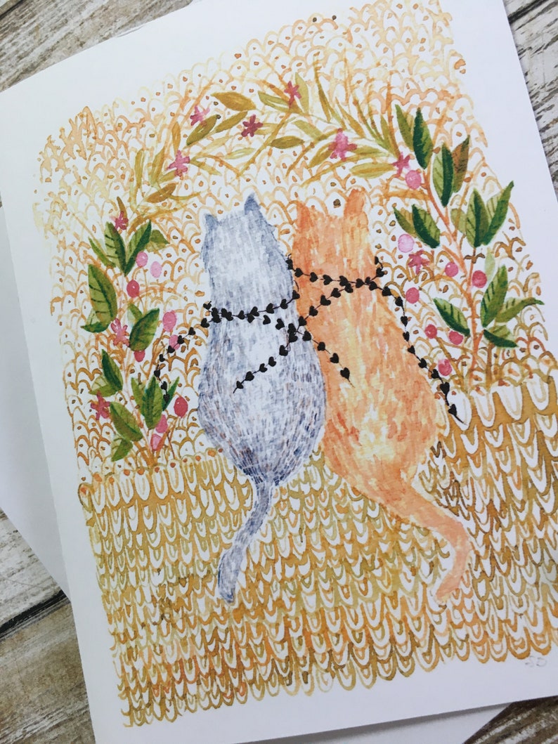 Carte de voeux illustration aquarelle. Deux chats dans une forêt fantaisiste image 2