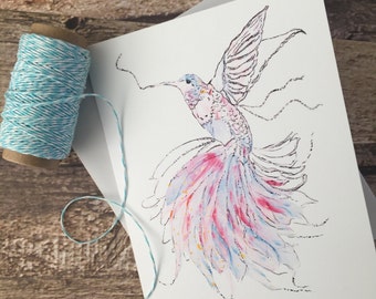 Carte de voeux impression illustration d'un délicat colibri. Idéal pour toutes les occasions