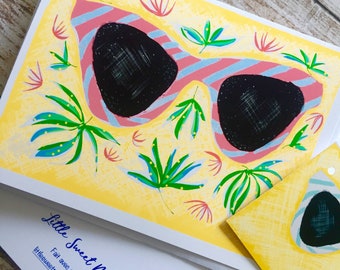 Carte de voeux imprimée avec illustration numérique et étiquette-cadeau.  lunettes de soleil d'été vintage à thème tropical