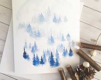 Carte de voeux imprimée à l'aquarelle. Forêt de rêve bleue