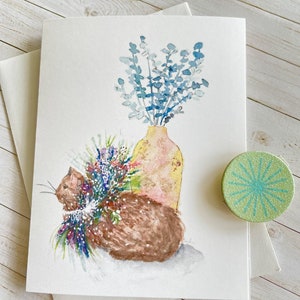 Watercolour print greeting card  Kitty and floral vase