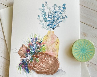 Carte de voeux aquarelle chaton et vase floral