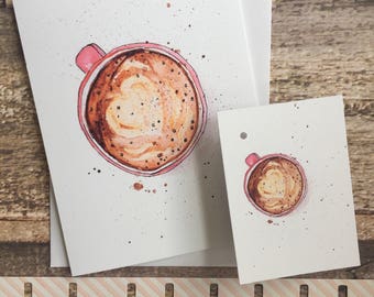 Carte de voeux à l'aquarelle et étiquette-cadeau assortie. Délicieuse tasse à café cappuccino en forme de coeur en mousse de lait